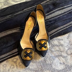 Prada Heels | Blue suede heels with gold buckle. Fair condition. Size 36.5 (6.5)